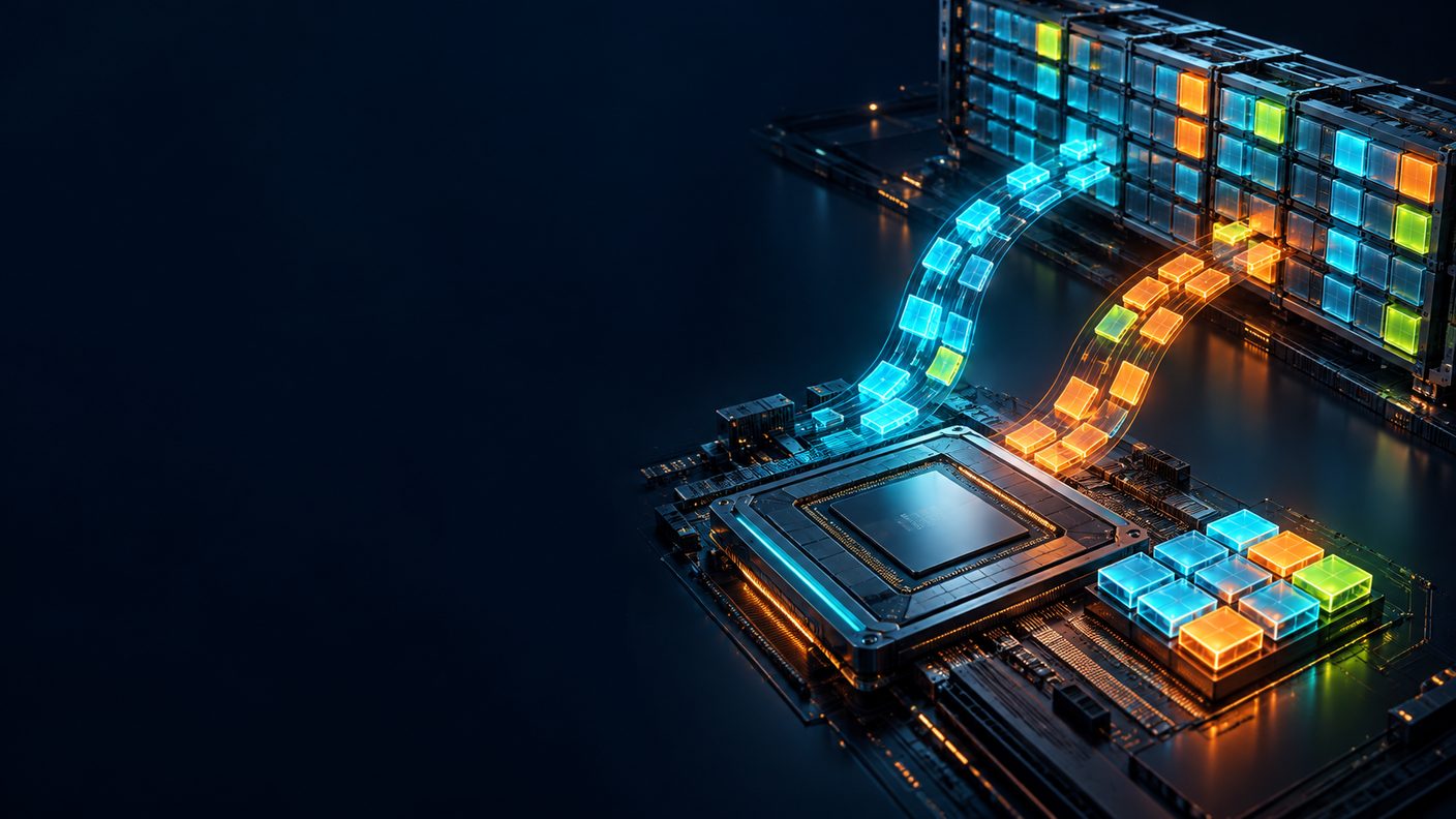 Illustration: blocks of data streaming from rows of system memory into a graphics processor.